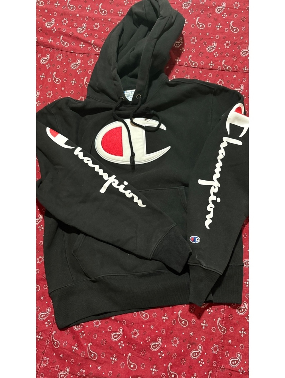 Champion Reverse Weave Multi Logo Hoodie Black Mens Medium Chenille Big C S2974